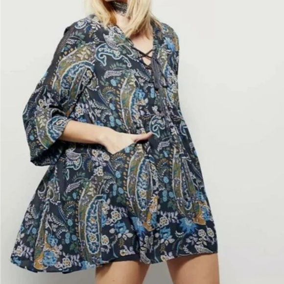 Free People Blue and White Mini Sundress with Bishop Sleeves - Picture 2 of 10